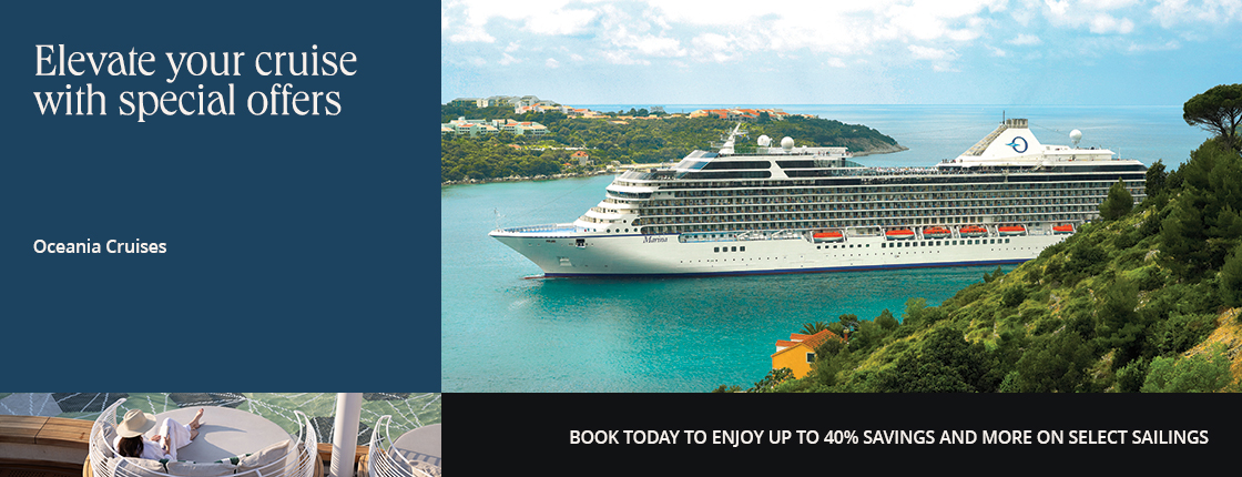 Elevate your cruise with special offers on Oceania Cruises. Book today to enjoy up to 40% savings and more on select sailings.